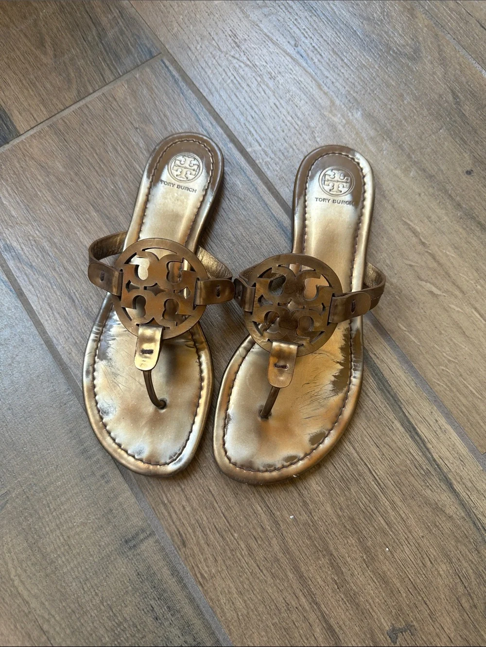Tory Burch Bronze Logo Thong Sandals